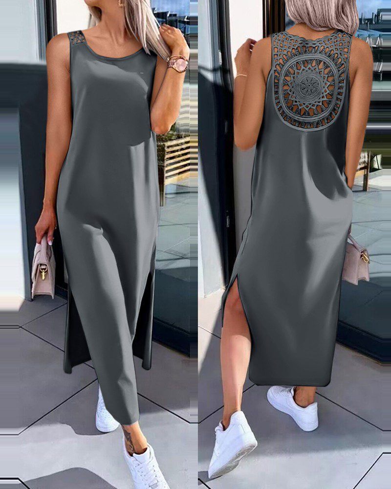 Women's Lace Cutout Sleeveless Midi Dress with Slit