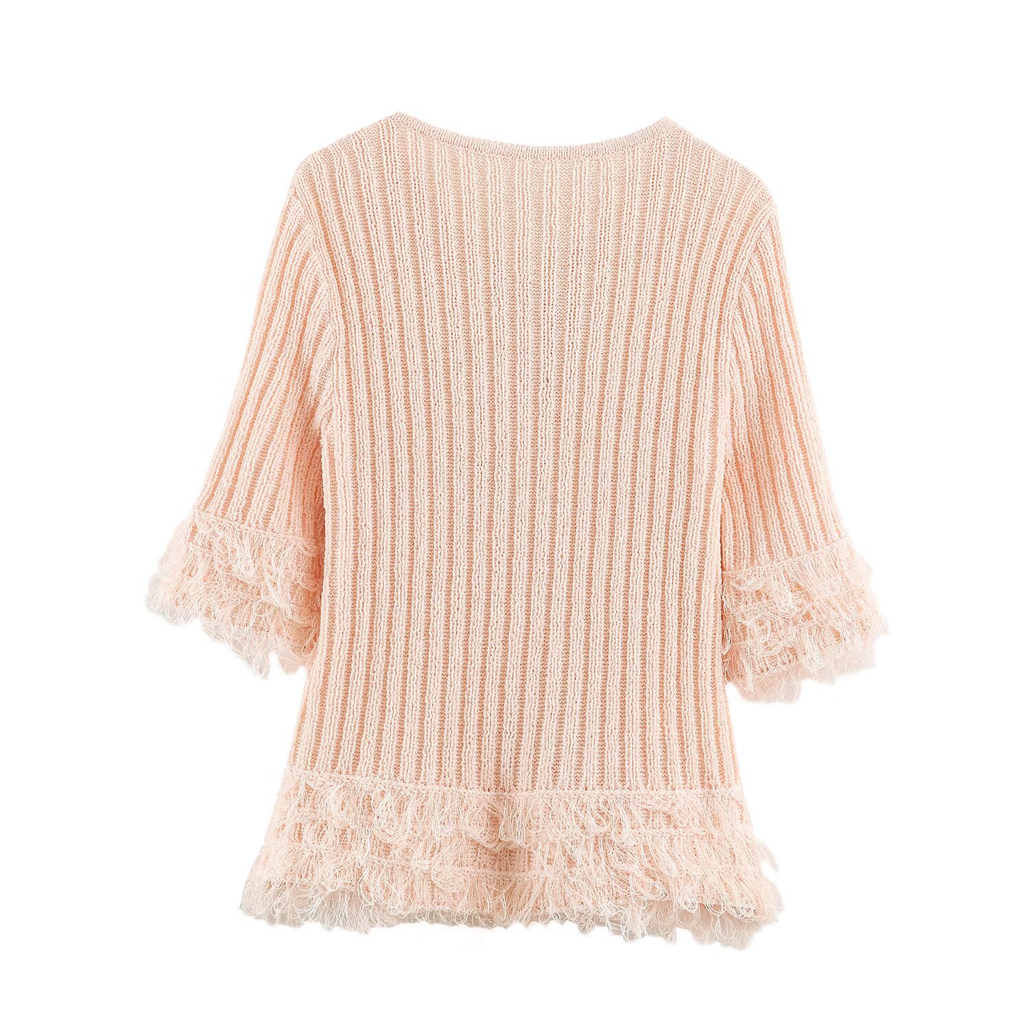 Women's Fringe Knit Pullover Top Slim Fit V-Neck Long Sleeve