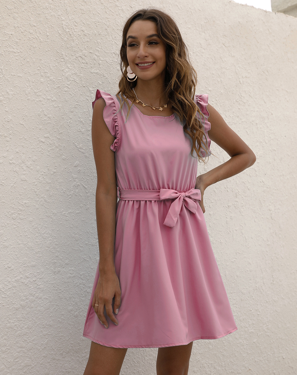 Women's Summer Solid Color Round Neck Tie-Waist Dress