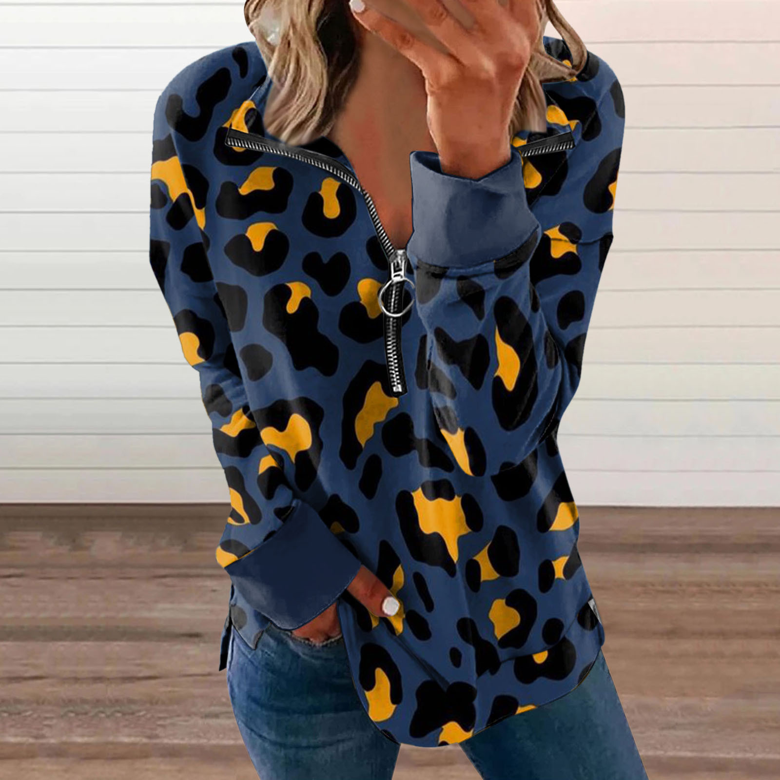 Women's Loose Fit Zip-Up Long Sleeve Printed Casual Top