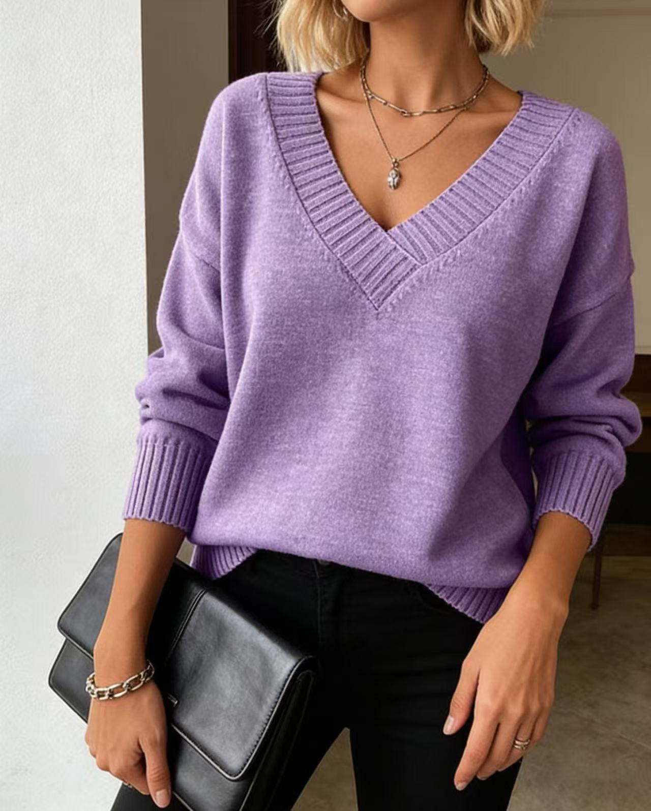Women's Loose V-Neck Pullover Sweater Solid Color Knit Top