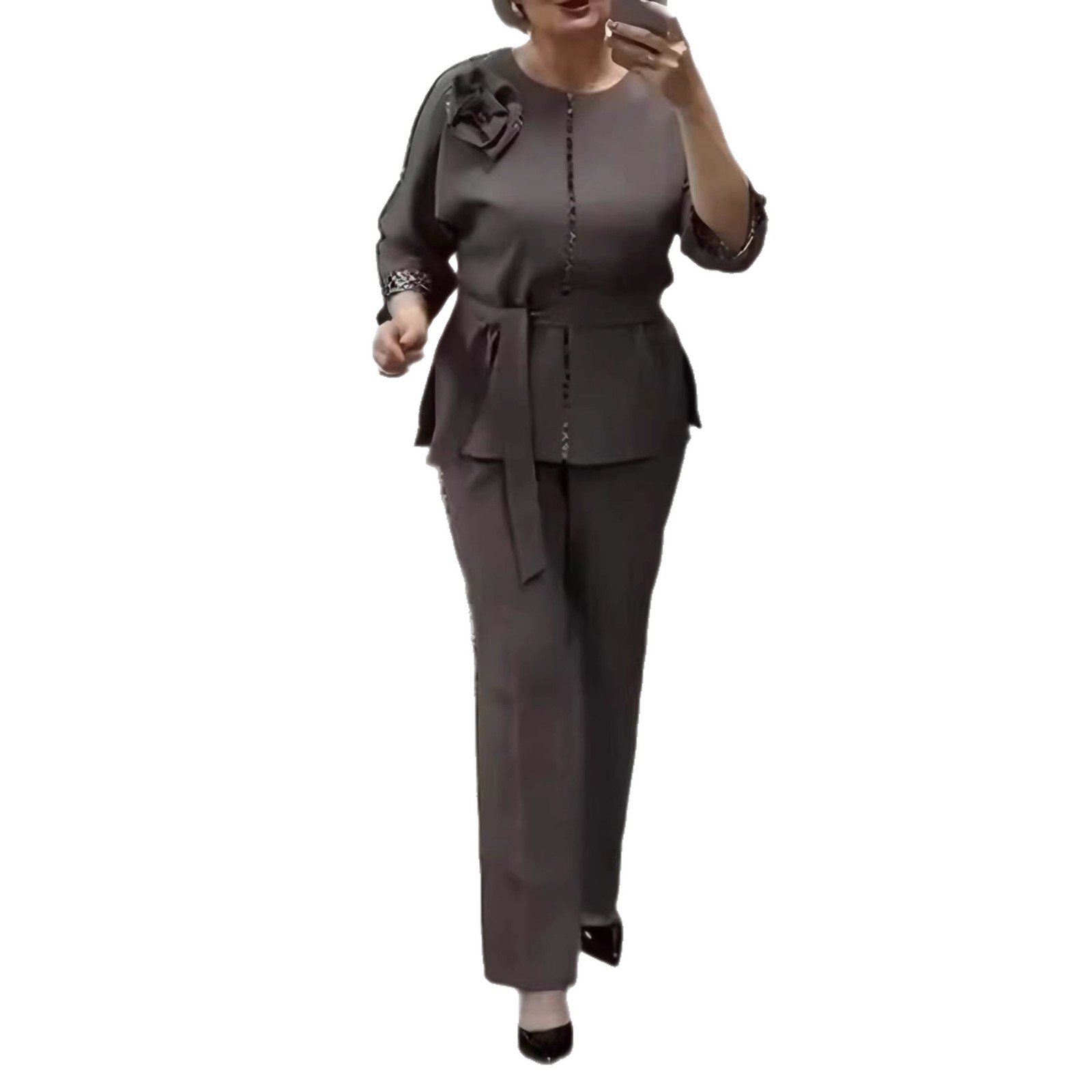 Plus Size Leopard Print & Floral Patchwork Two-Piece Pants Set