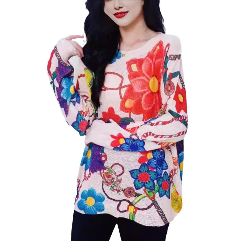 Elegant Butterfly Print Knit Pullover Sweater Long Sleeve Crew Neck Color Block