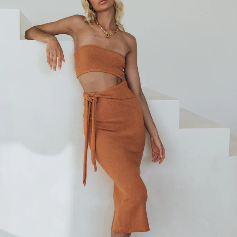 Women's Sexy Cutout Open Back Strapless Tie Knit Dress