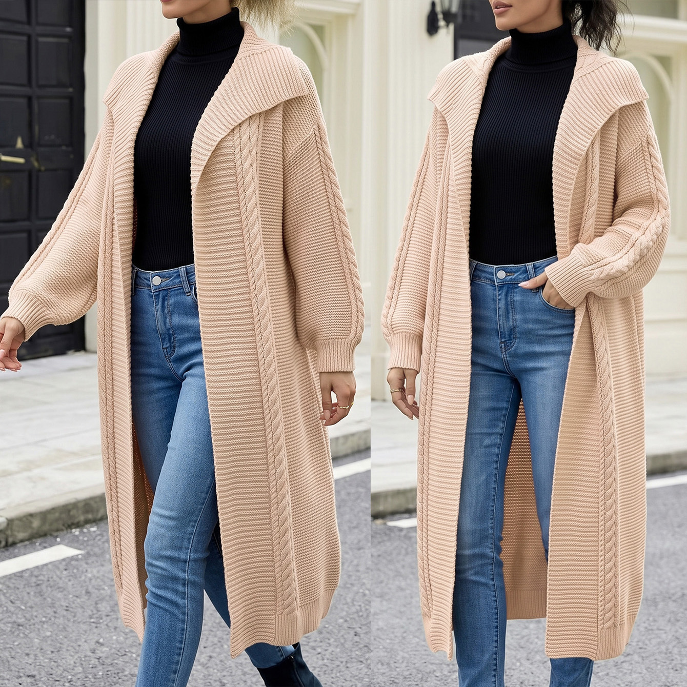 Women's Cable Knit Long Cardigan Sweater Loose Thick Lapel Coat