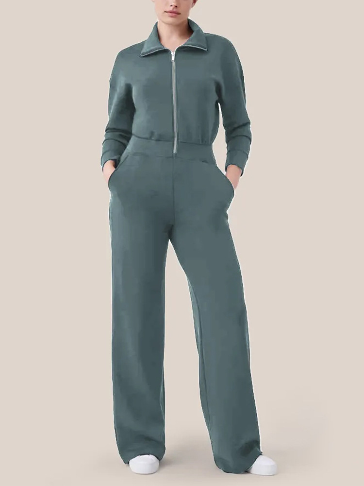 Women's Long Sleeve Wide Leg Jumpsuit Zip Collar Sweatsuit