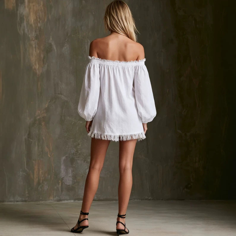 Vintage White Lace Off-Shoulder Long-Sleeve Fringe Mini Dress