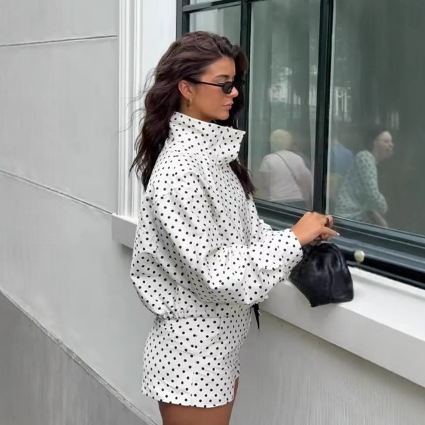 Polka Dot Zip-Up Jacket Casual Stand Collar