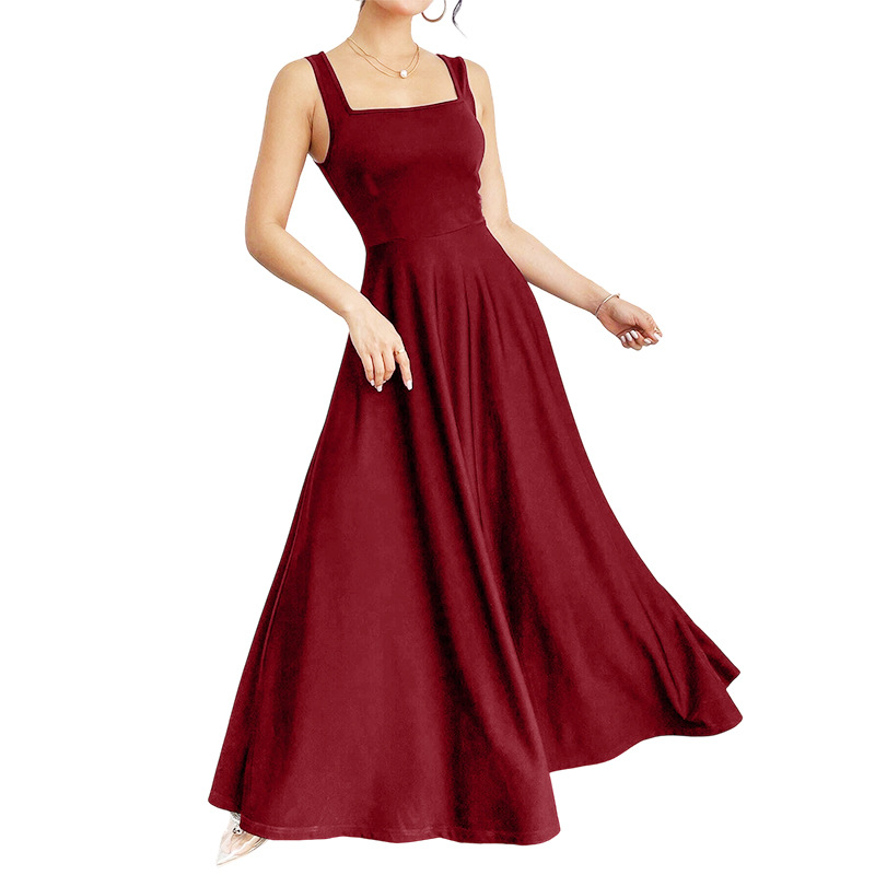 Women's Square-Neck Midi Dress with Wide Straps and Fitted Waist