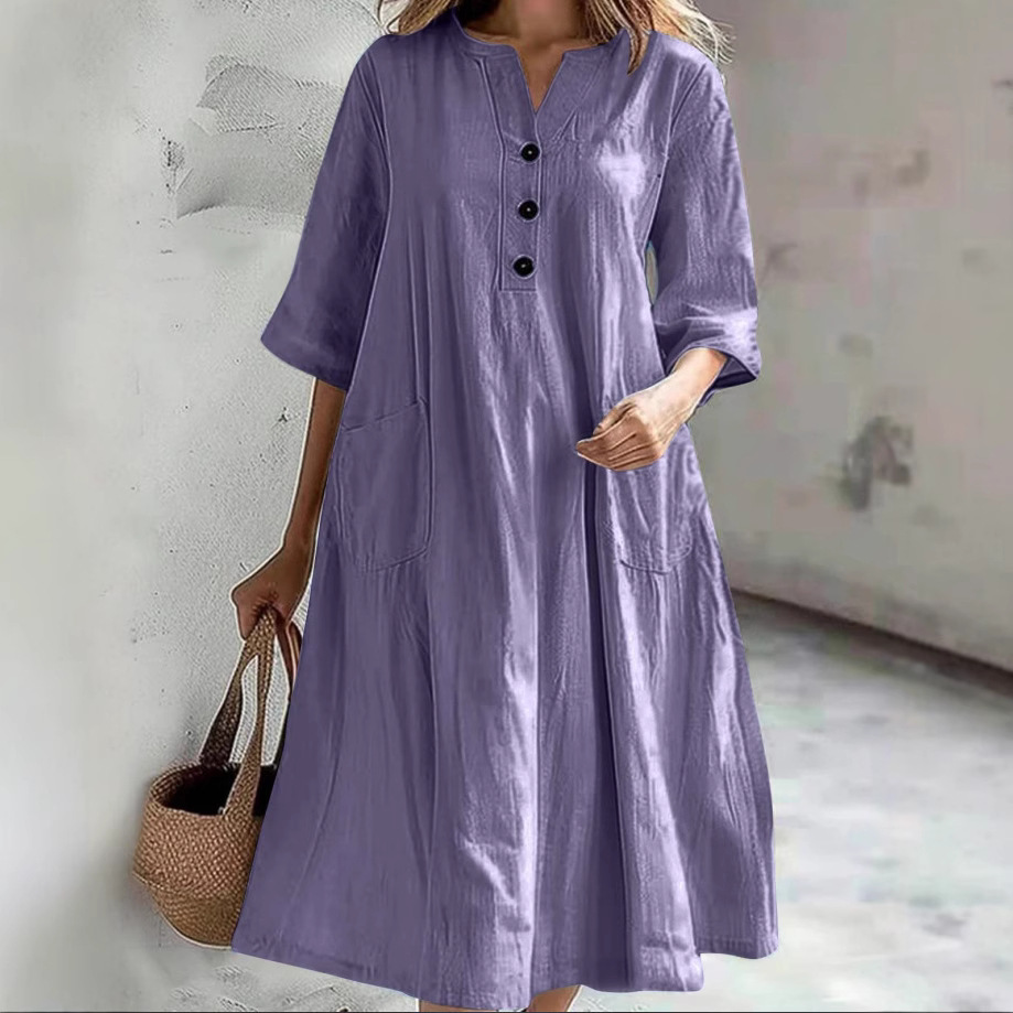 Women's Midi V-Neck Half-Sleeve Cotton-Linen Loose A-Line Dress with Three-Button Pocket