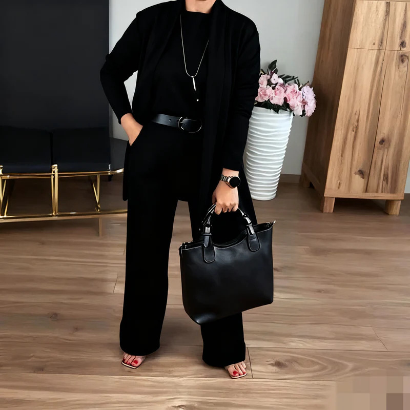Women's 3-Piece Solid Crewneck Long-Sleeve Top Belted Pants Set
