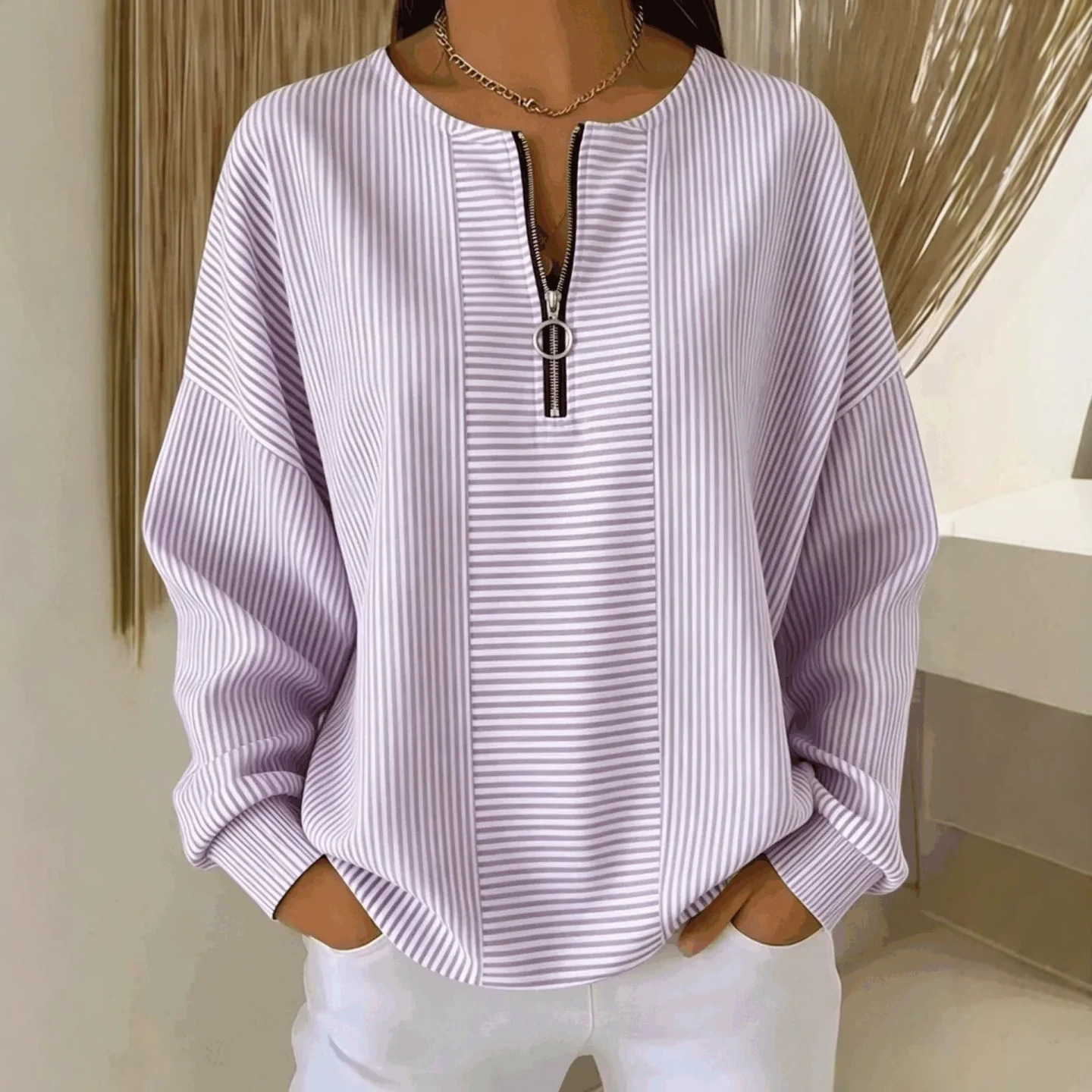 Striped Print Half-Zip Hoodie for Women Casual Long Sleeve