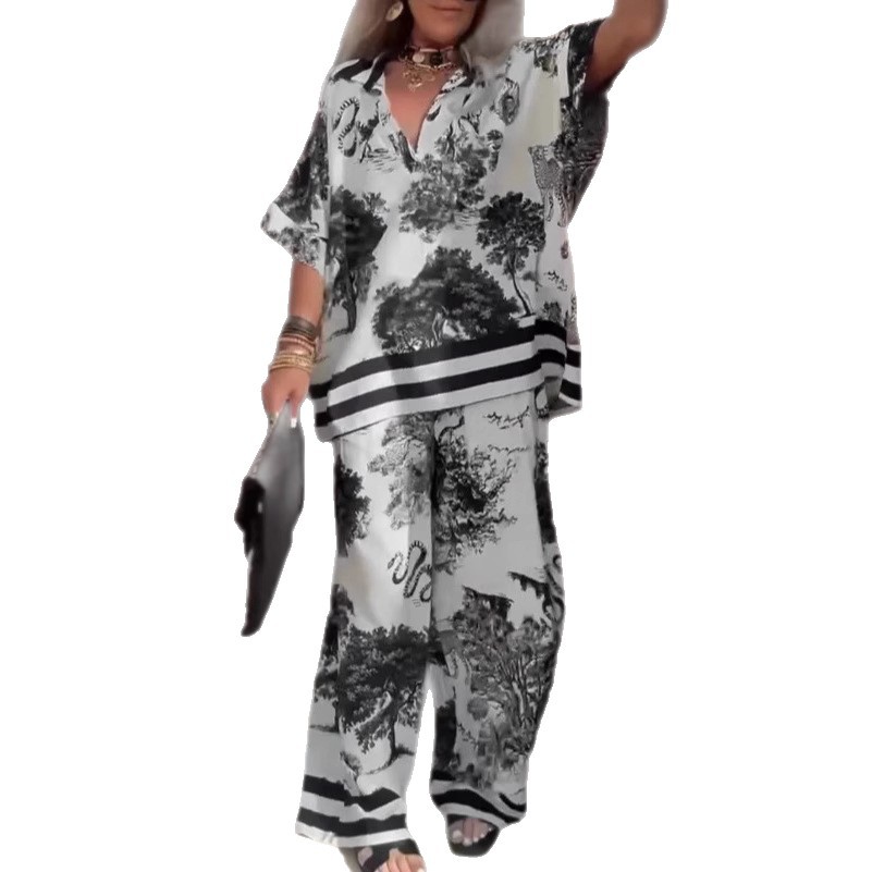 Women's V-Neck Printed Short-Sleeve Top and Wide-Leg Pants 2-Piece Set