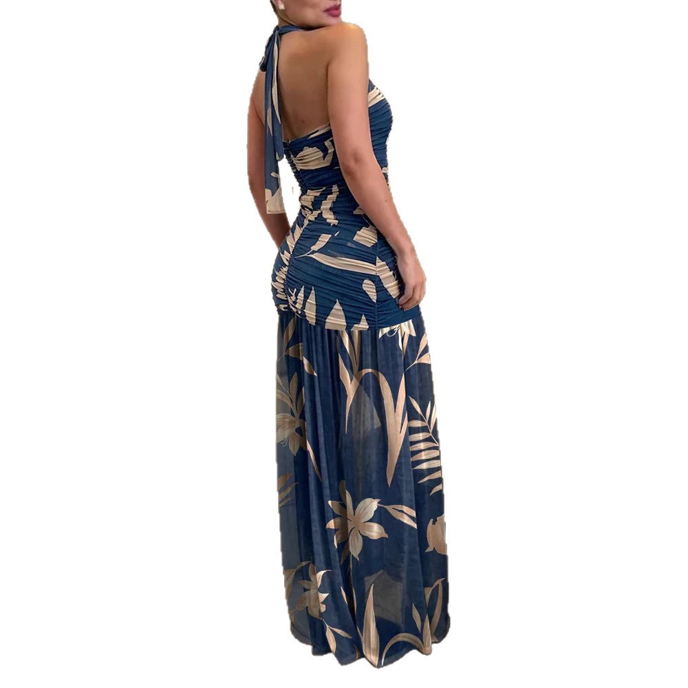 Colorblock Halter Neck Print Long Dress Vacation Style