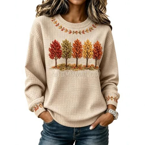 Women's Tree Letter Maple Leaf Print Casual Sweatshirt