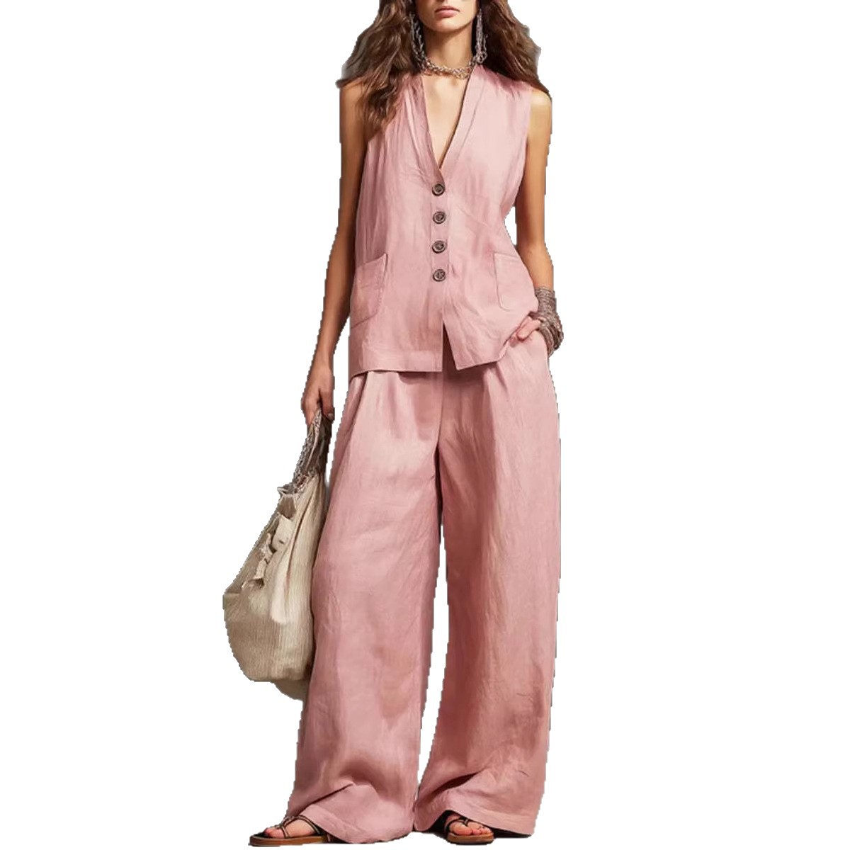 Women's V-Neck Button Vest & Wide-Leg Pants Cotton Blend Set