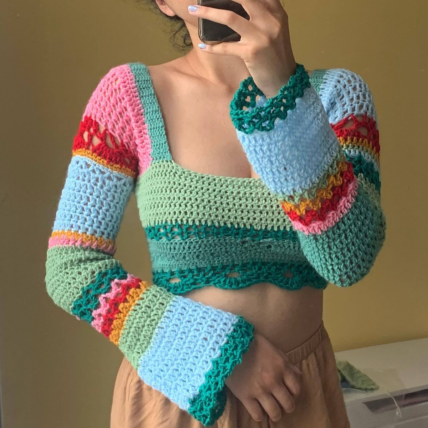 Women's Square Neck Colorblock Striped Hand Crochet Long Sleeve Knit Top