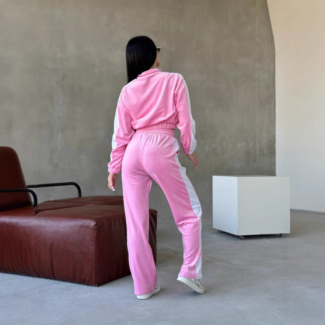 Women's Colorblock Two-Piece Set Long Sleeve Zip Cardigan Jacket and Tie-Waist Pants