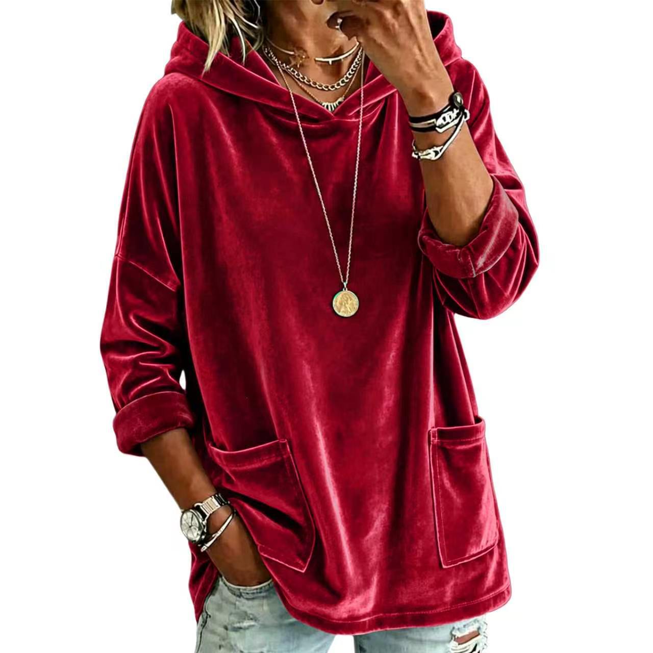 Casual Hooded Loose Fleece Solid Color Long Sleeve Pullover Sweatshirt for Women