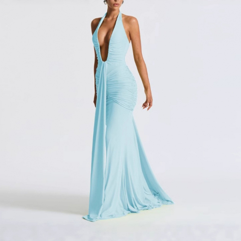 Solid Halter Deep V Mermaid Maxi Dress with Open Back and Tie