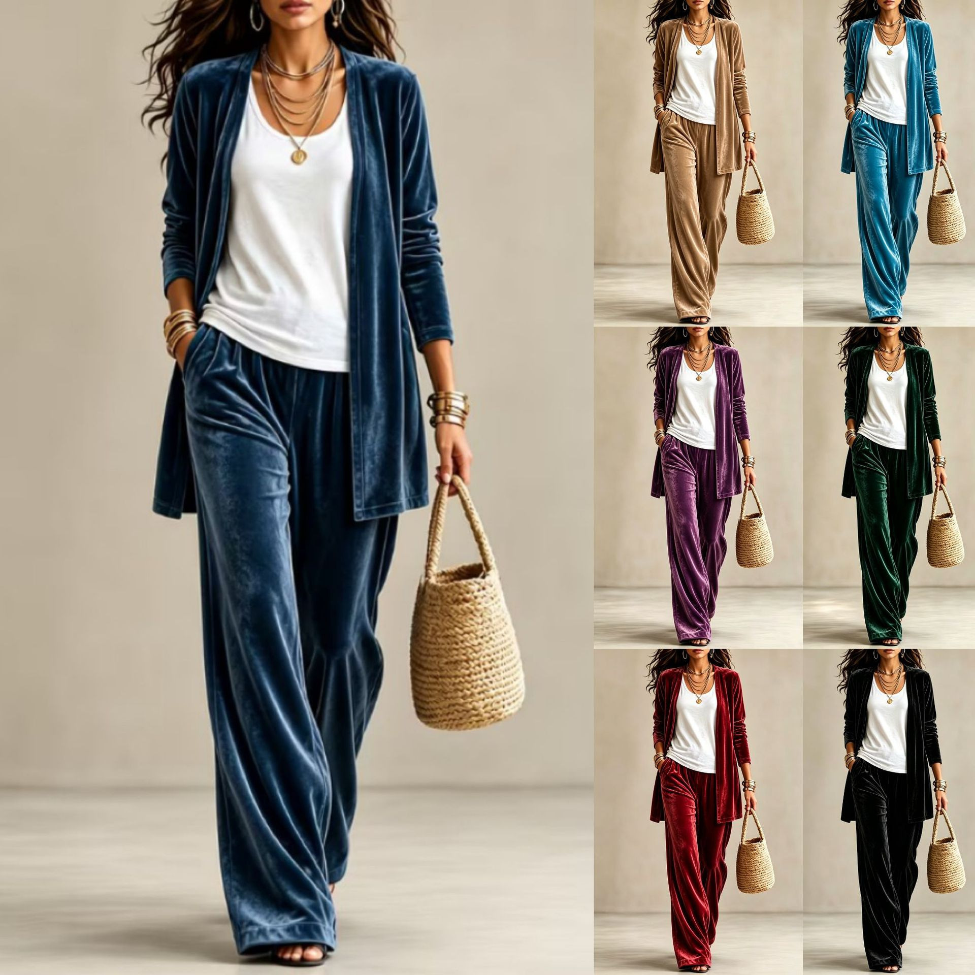 Women's 2-Piece Lounge Set: Solid Long Cardigan & High-Waist Wide-Leg Pants