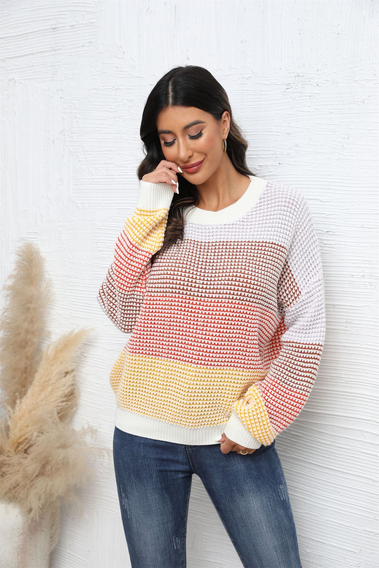 Casual Color-Block Crewneck Knit Sweater Loose Plus Size Pullover