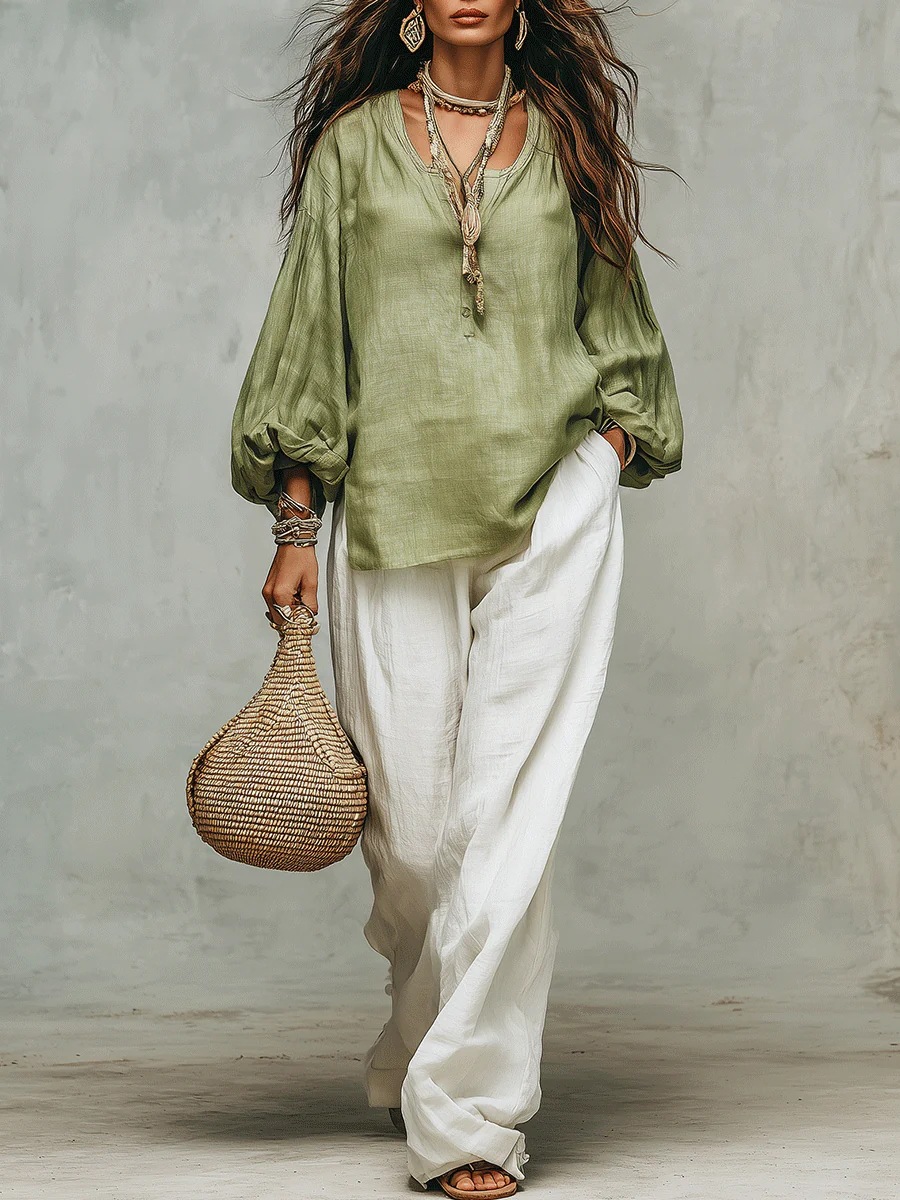 Women's Casual Wide-Leg Two-Piece Set with Long Sleeve Top and Irregular Long Skirt, Loose Fit, Green
