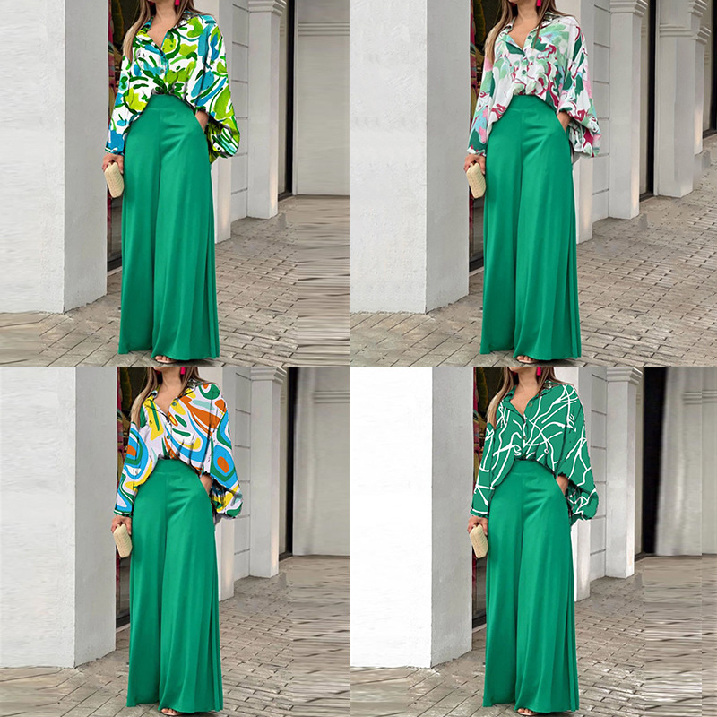Women's Batwing Sleeve Colorblock Print Two-Piece Pants Set Casual Commuter