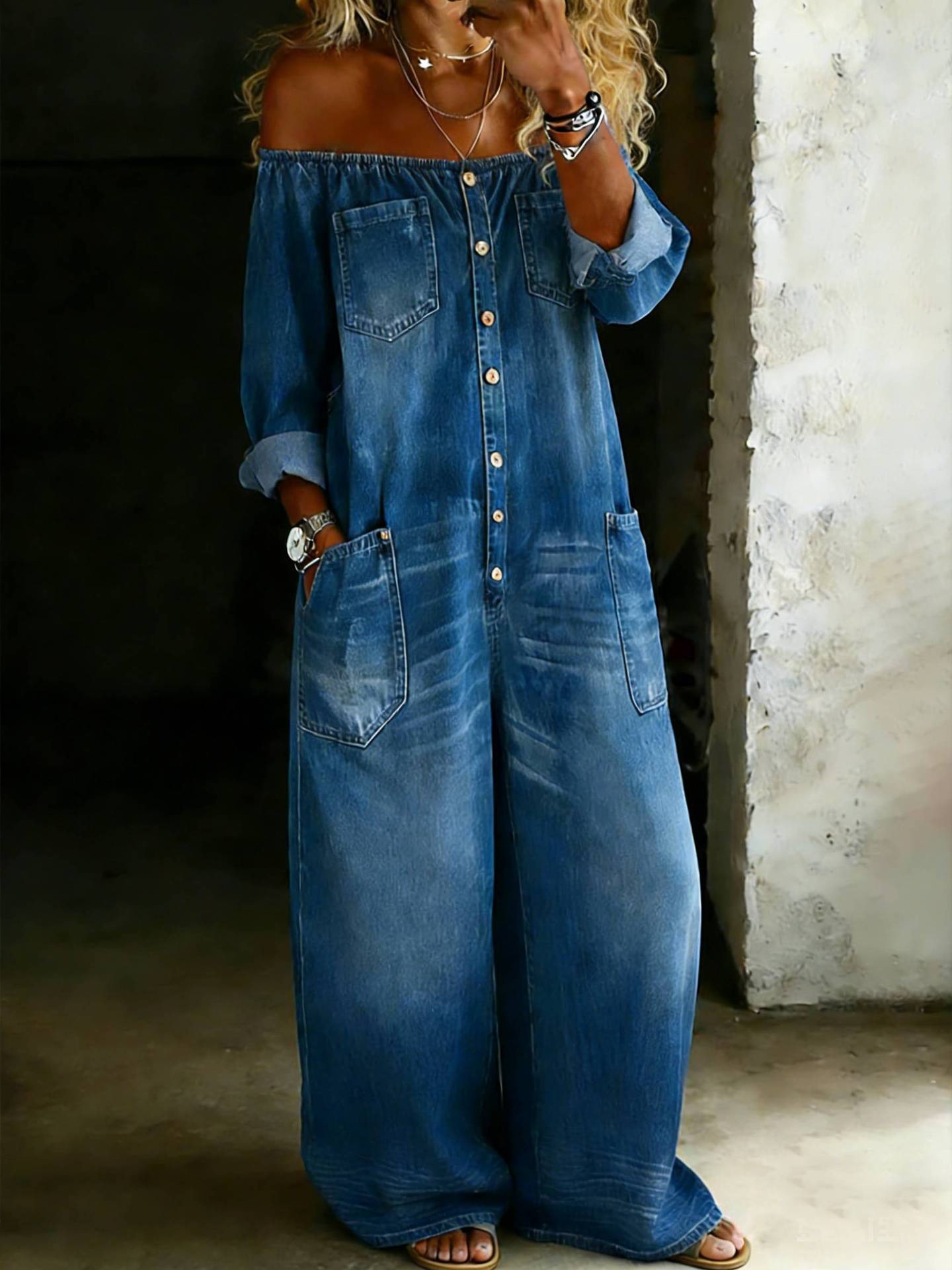 Women's Off-Shoulder Faux Denim Jumpsuit Single-Breasted