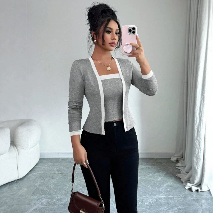 Women's Knit Patchwork Cardigan Jacket and Vest Two-Piece Set