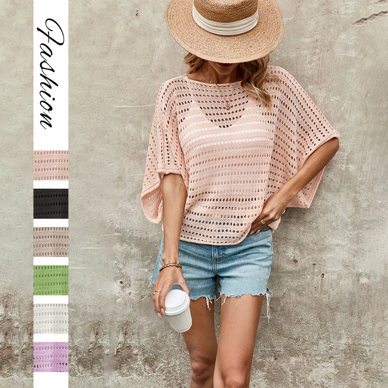 Women's Round Neck Hollow-Out Short Sleeve Knit Top