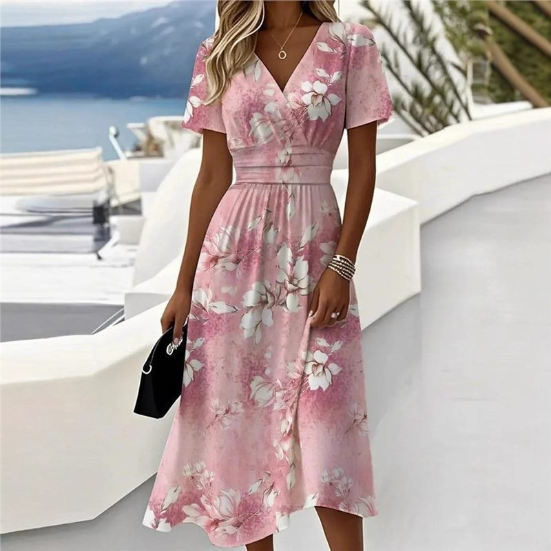 3D Vintage Floral Short Sleeve V-Neck Midi Dress with Flared Skirt