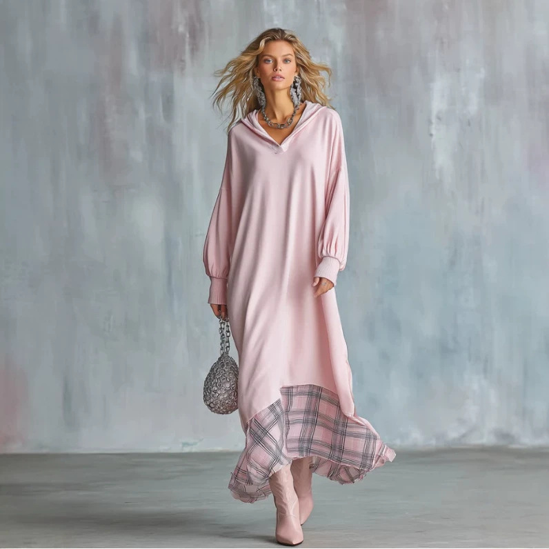 Women's Loose Hooded Plaid Hem Long Dress