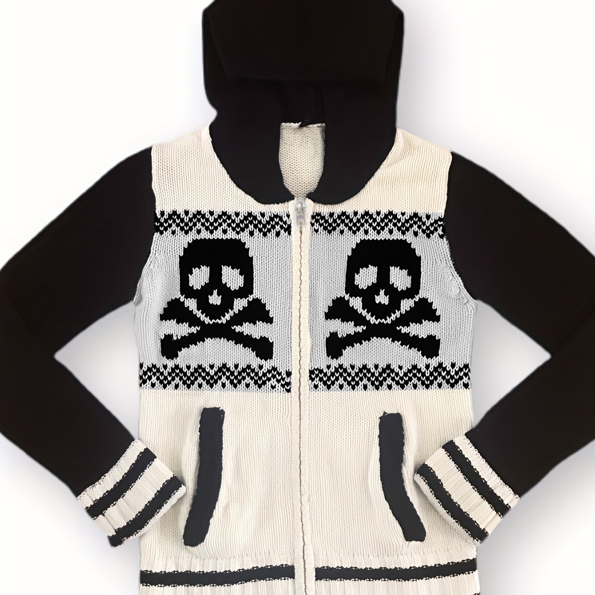 Skull Print Hooded Cardigan Sweater