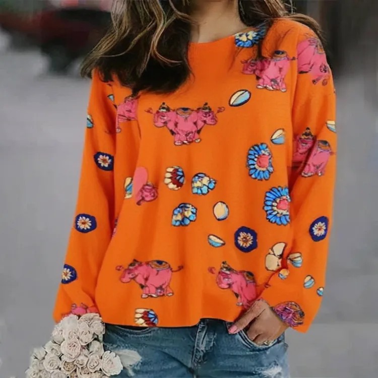 3D Print Women's Sweater Crewneck Pullover Casual Loose Long Sleeve Knit Top