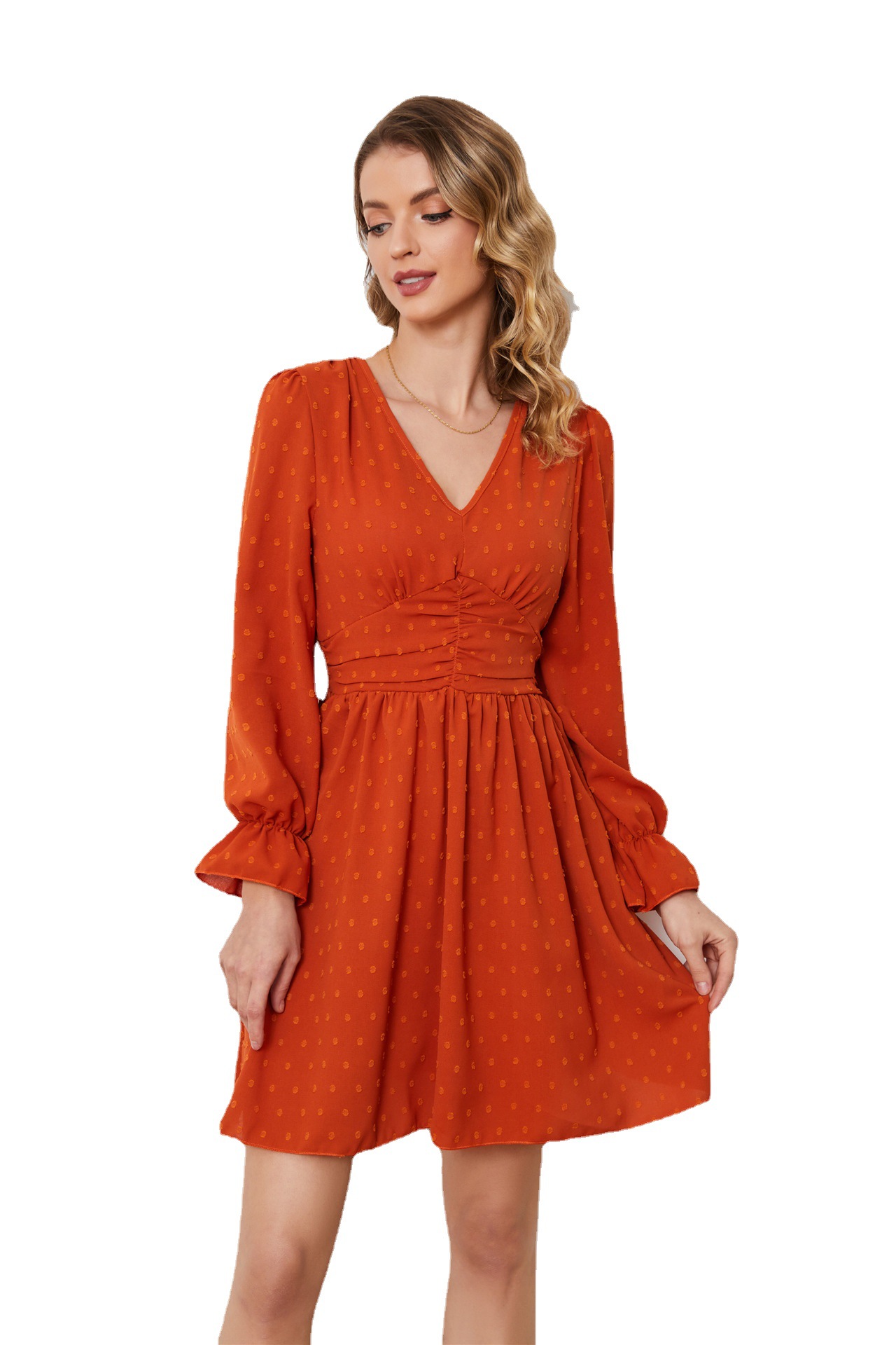 High-Waist V-Neck Chiffon Midi Dress with Polka Dot Print and Flared Sleeves