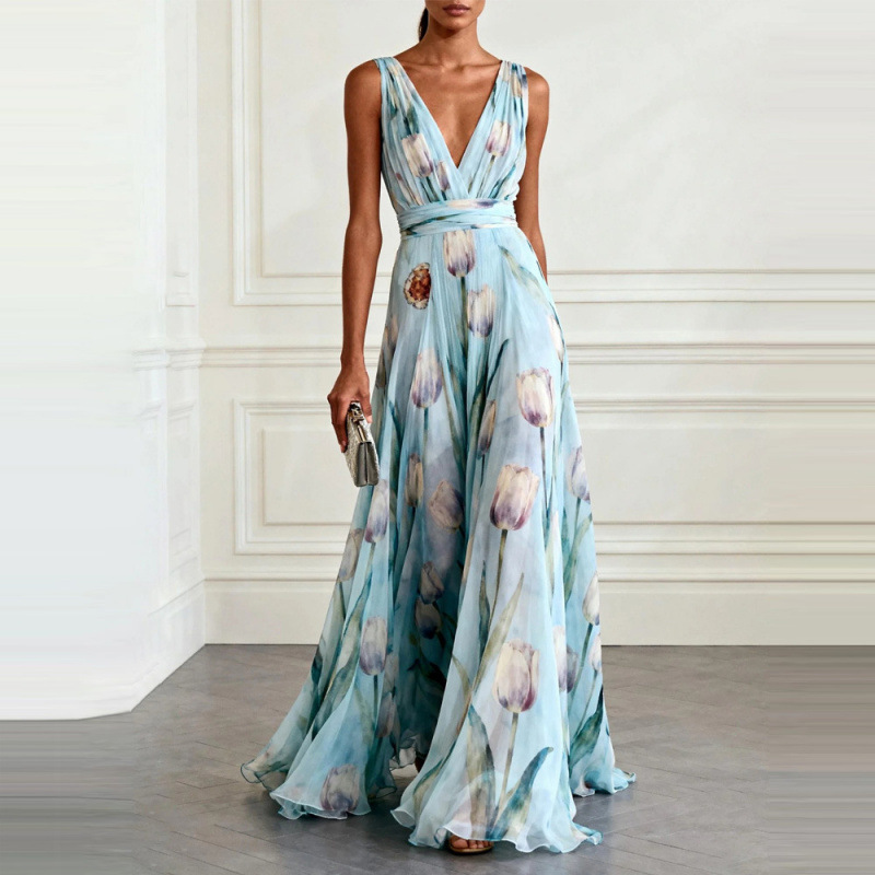 Blue Tulip Print Sleeveless V-Neck Maxi Dress