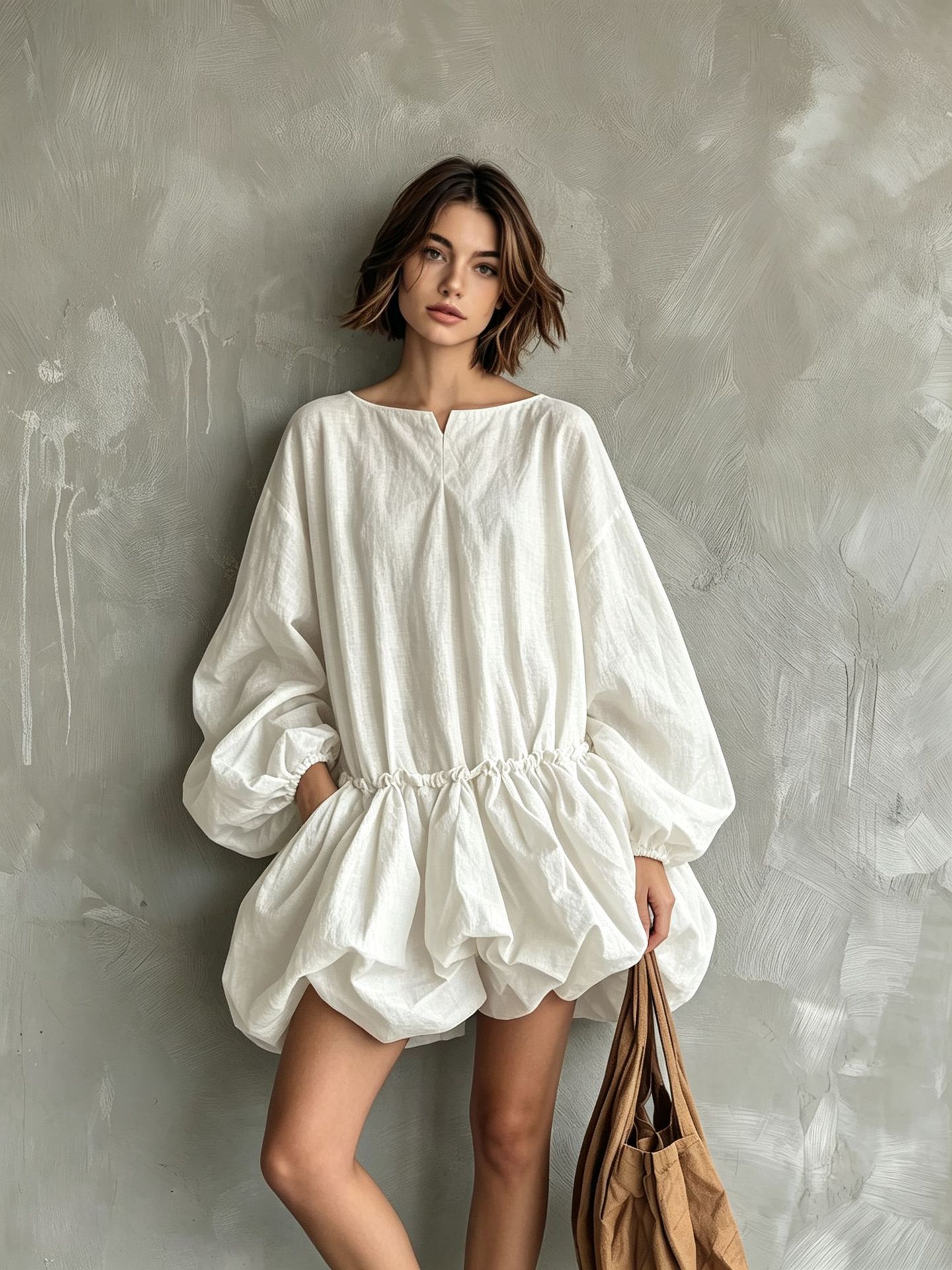 Solid Crewneck Puff Sleeve Long Sleeve Cinched Waist Bubble Dress