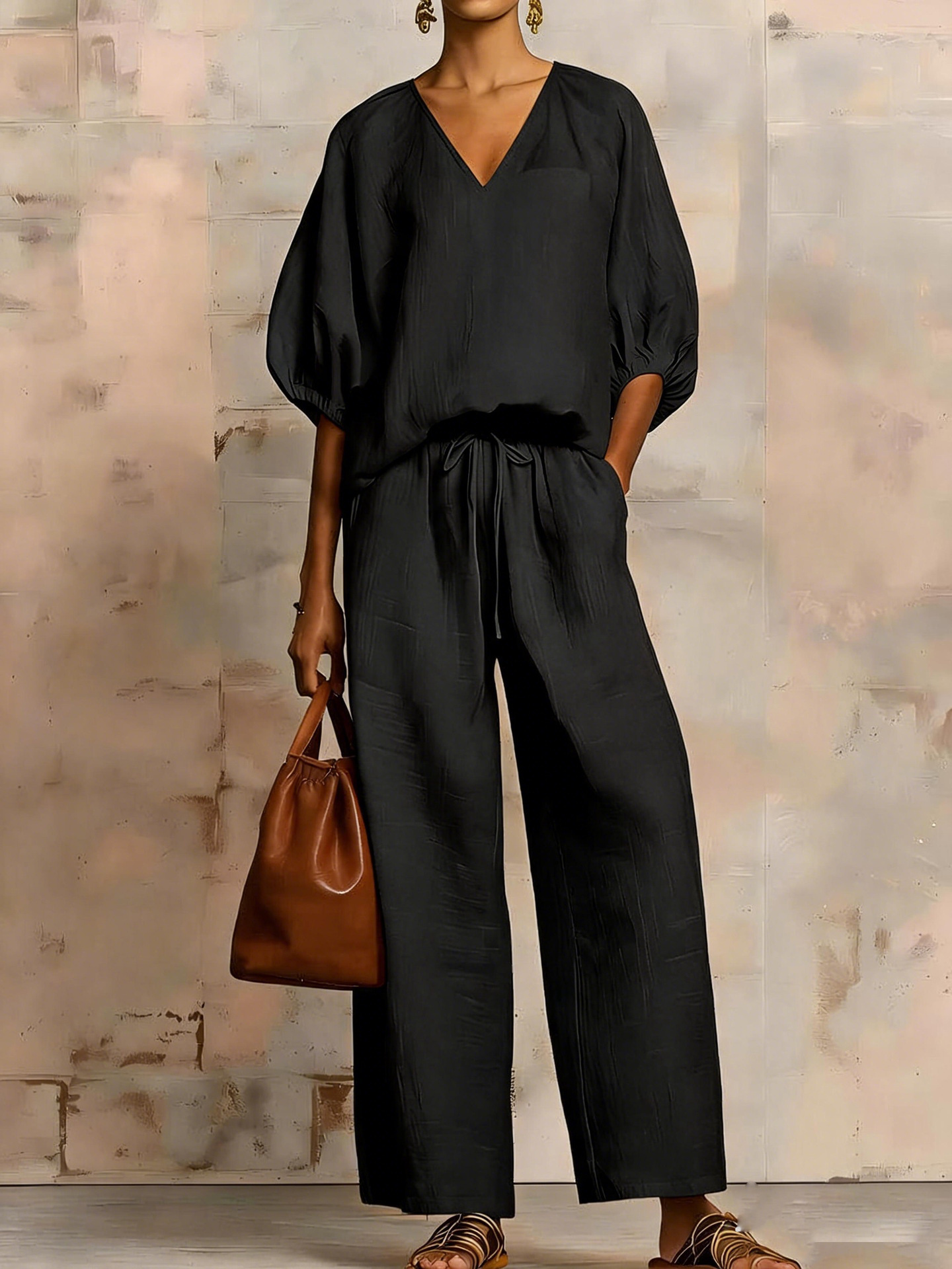 Women's Minimalist V-Neck Two-Piece Set Solid Color Loose Casual