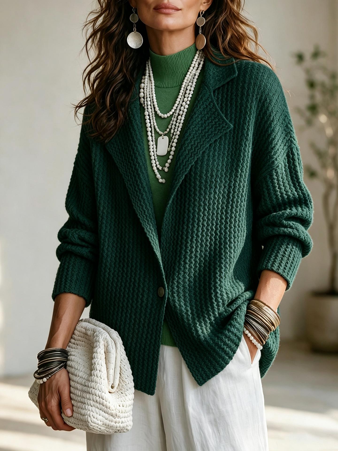 Women's Textured Knit Cardigan with Blazer Collar Single Button Loose Fit