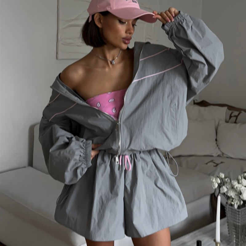 Women's Summer Casual Loose Long Sleeve Zip Cardigan Drawstring Wide Leg Shorts Set