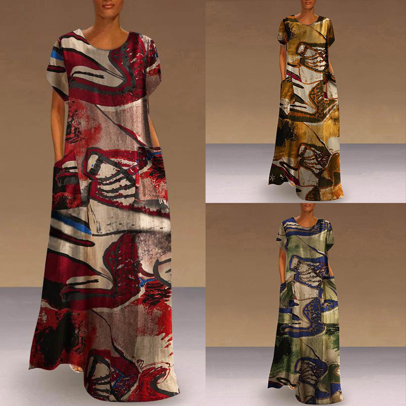 Women's Floral Print Long Dress Round Neck Short Sleeve Casual A-Line with Pockets