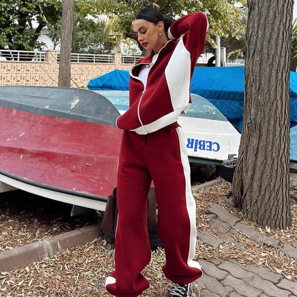 Women's Retro Color-Block Zip-Up Jacket and Pants Two-Piece Set