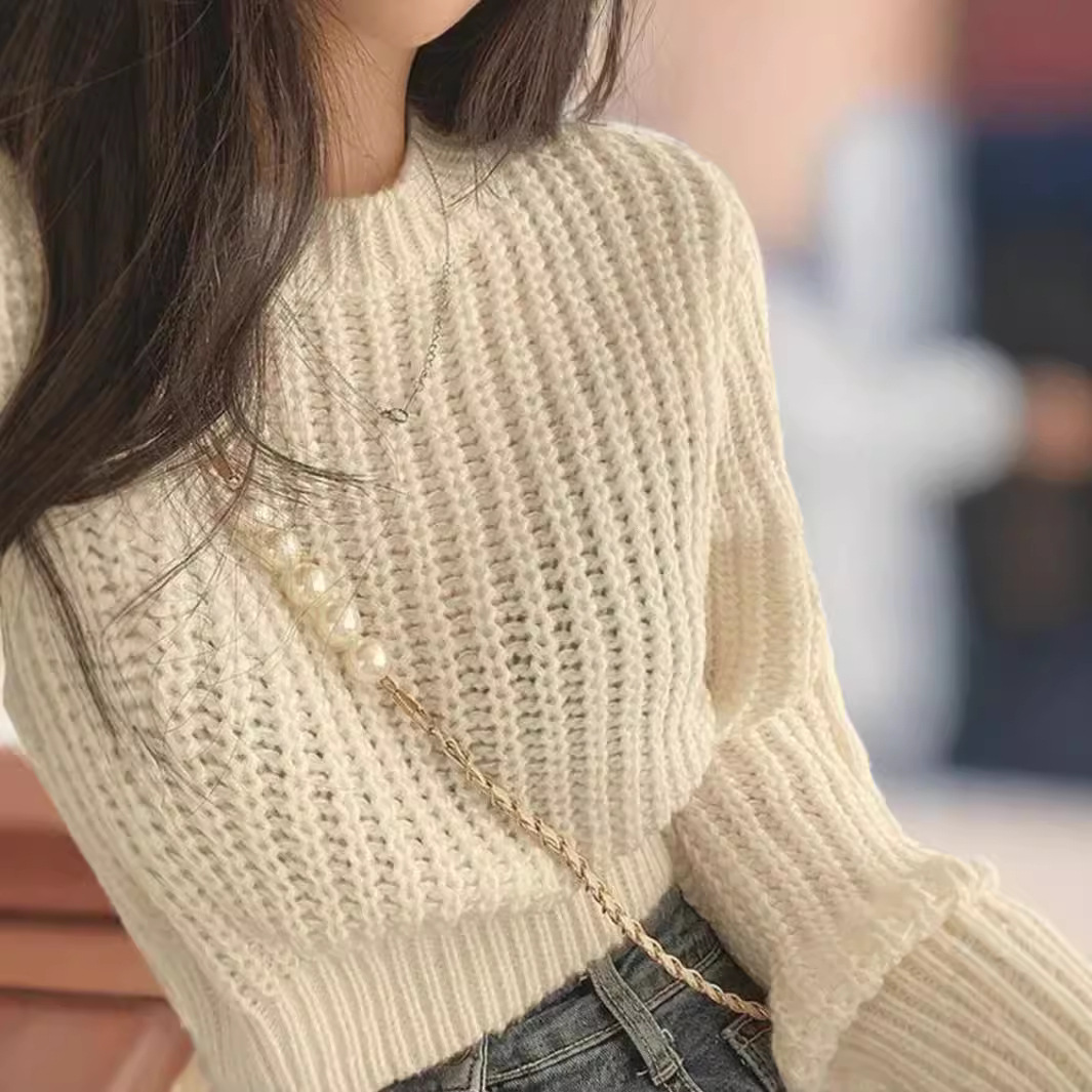 Women's Puff Sleeve Soft Knit Sweater Solid Color Crew Neck Long Sleeve Loose Pullover