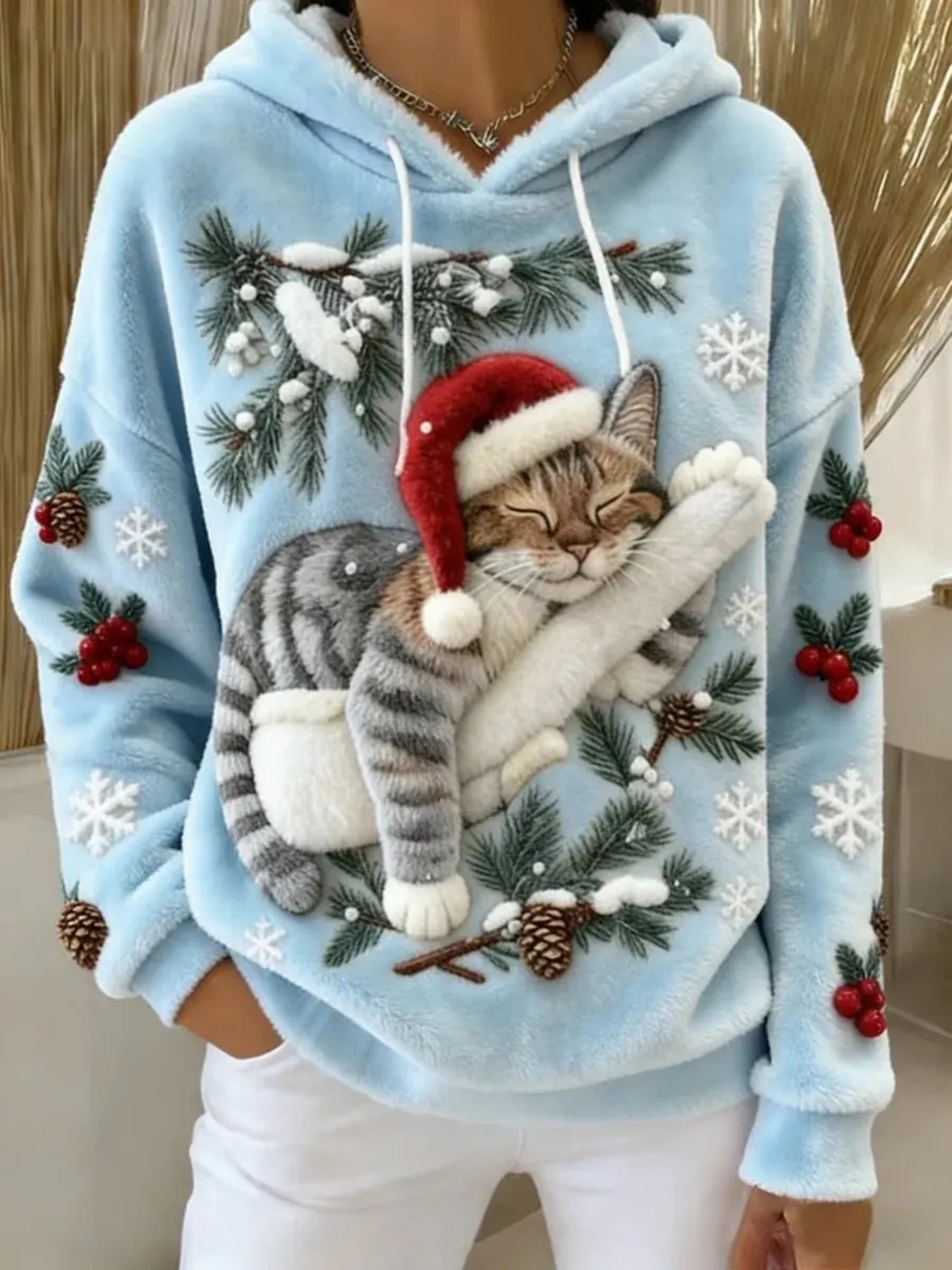 Christmas Cat Print Fleece Hoodie Women's Pullover
