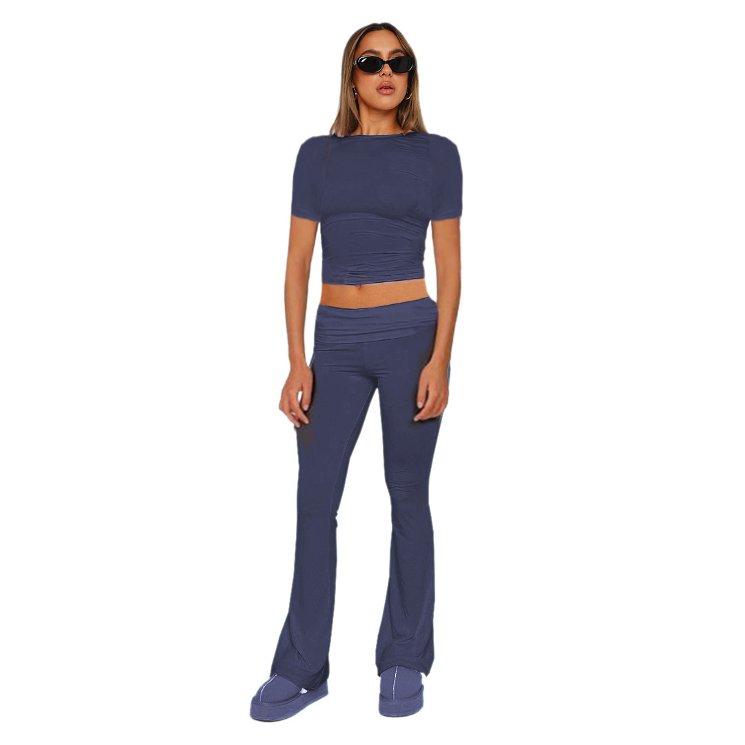 Women's Solid Color Long Sleeve Top and Pants Two-Piece Set