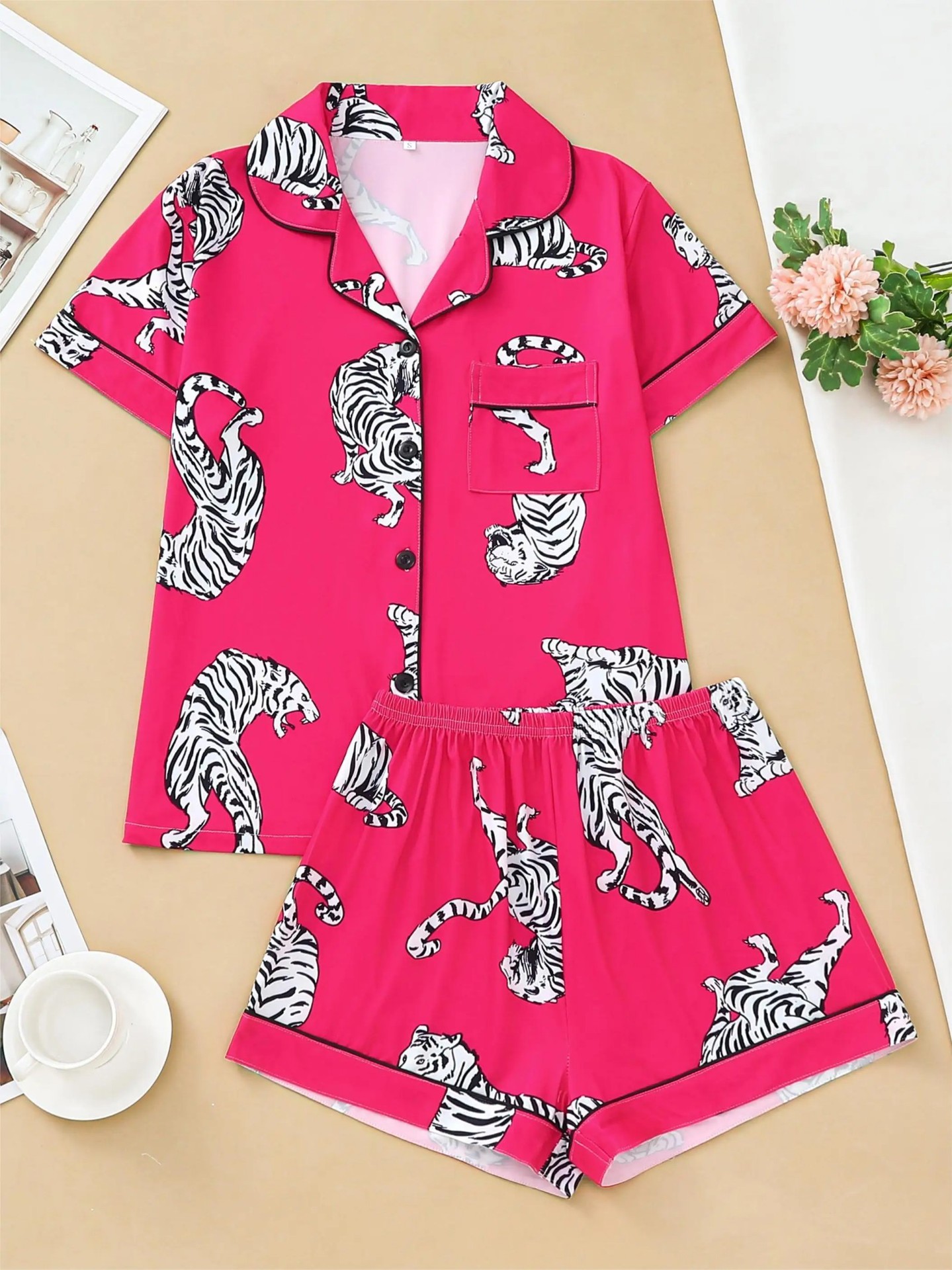 Women's Cuban Collar Leopard Print Loungewear Set
