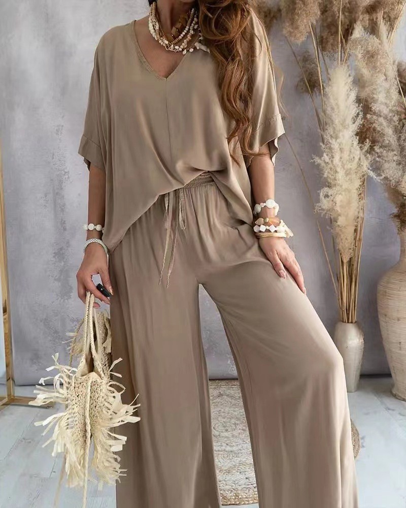 V-Neck Batwing Sleeve Wide-Leg Pants Set Women Casual Loose Two-Piece