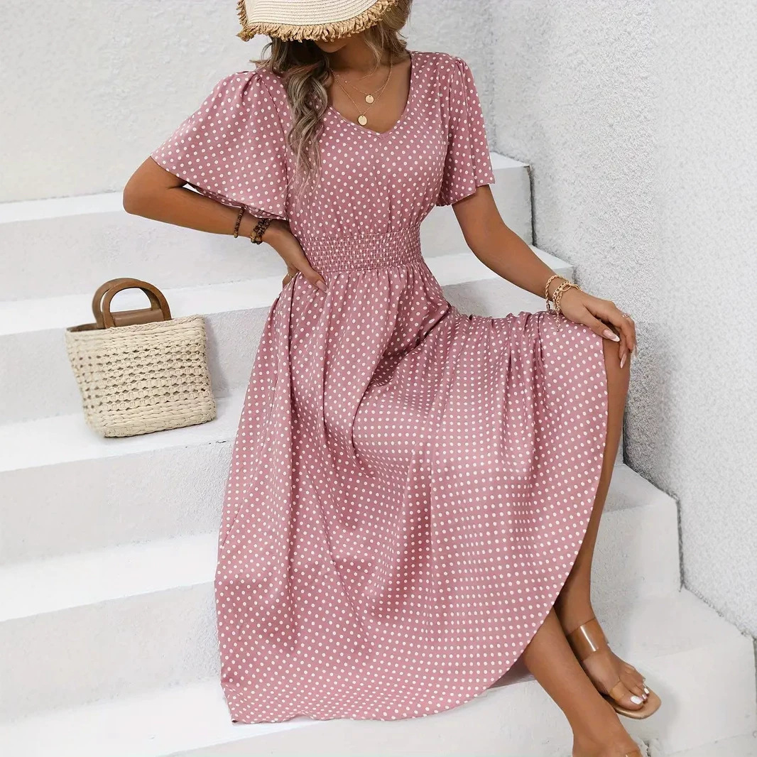 V-Neck Polka Dot Pullover Casual Dress