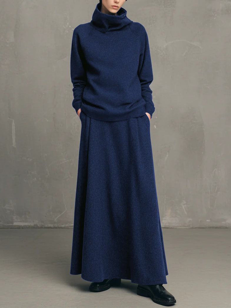 Women's Two-Piece Fleece-Lined Turtleneck Sweatshirt and Midi Skirt Set